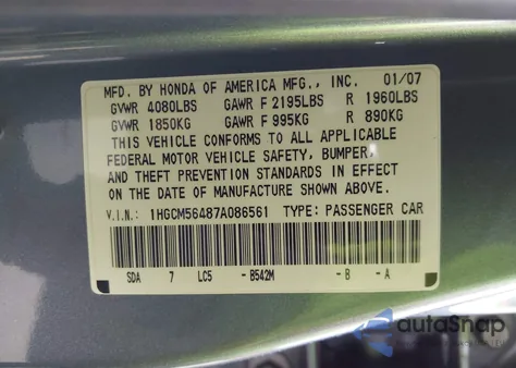2007 Honda Accord 2.4 Lx z USA, uszkodzony, nr VIN 1HGCM56487A086561